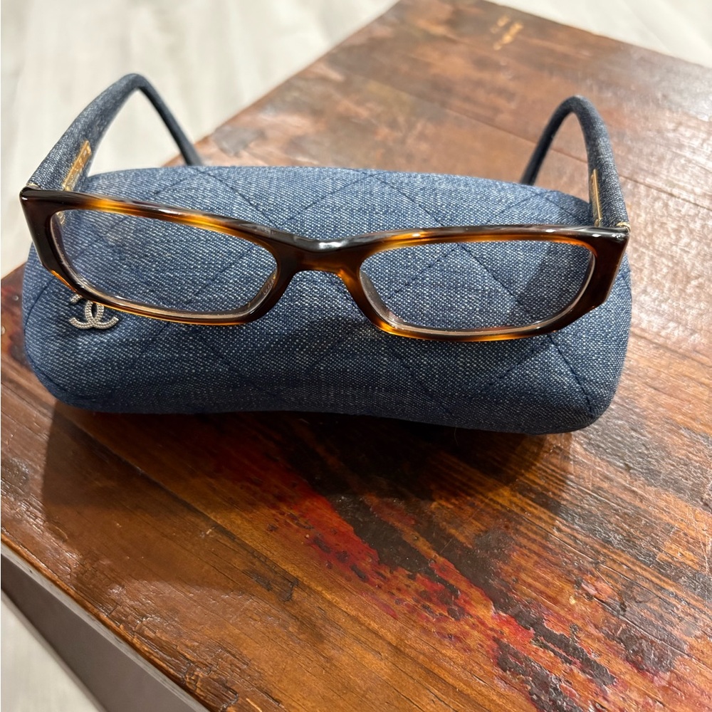 CHANEL Denim Blue Quilted Eyewear glasses and case